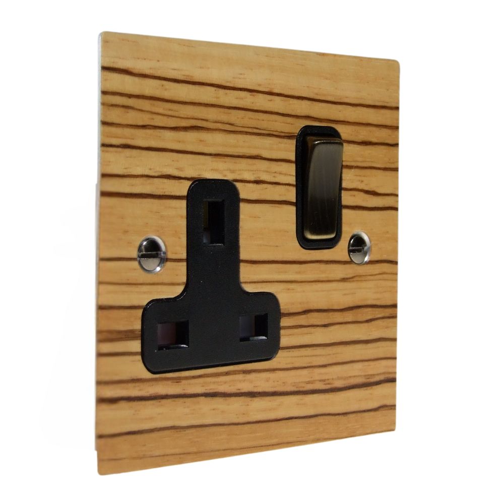 Zebranno Veneer Single Switched Socket Antique Brass and Black
