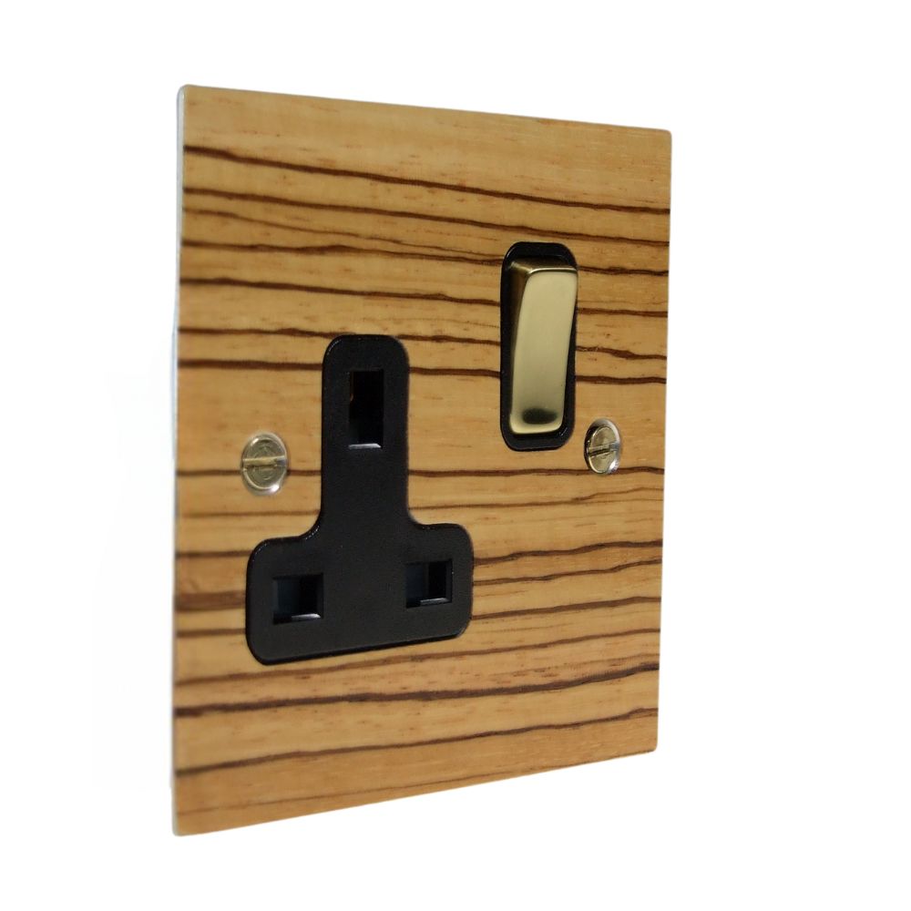 Zebranno Veneer Single Switched Socket Polished Brass and Black