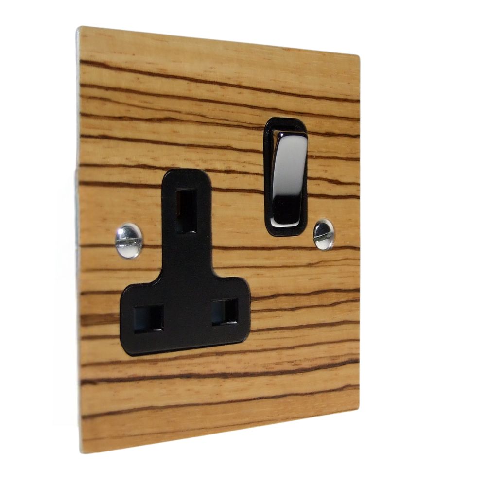 Zebranno Veneer Single Switched Socket Polished Chrome and Black