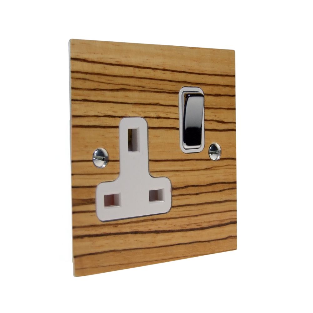 Zebranno Veneer Single Switched Socket Polished Chrome and White