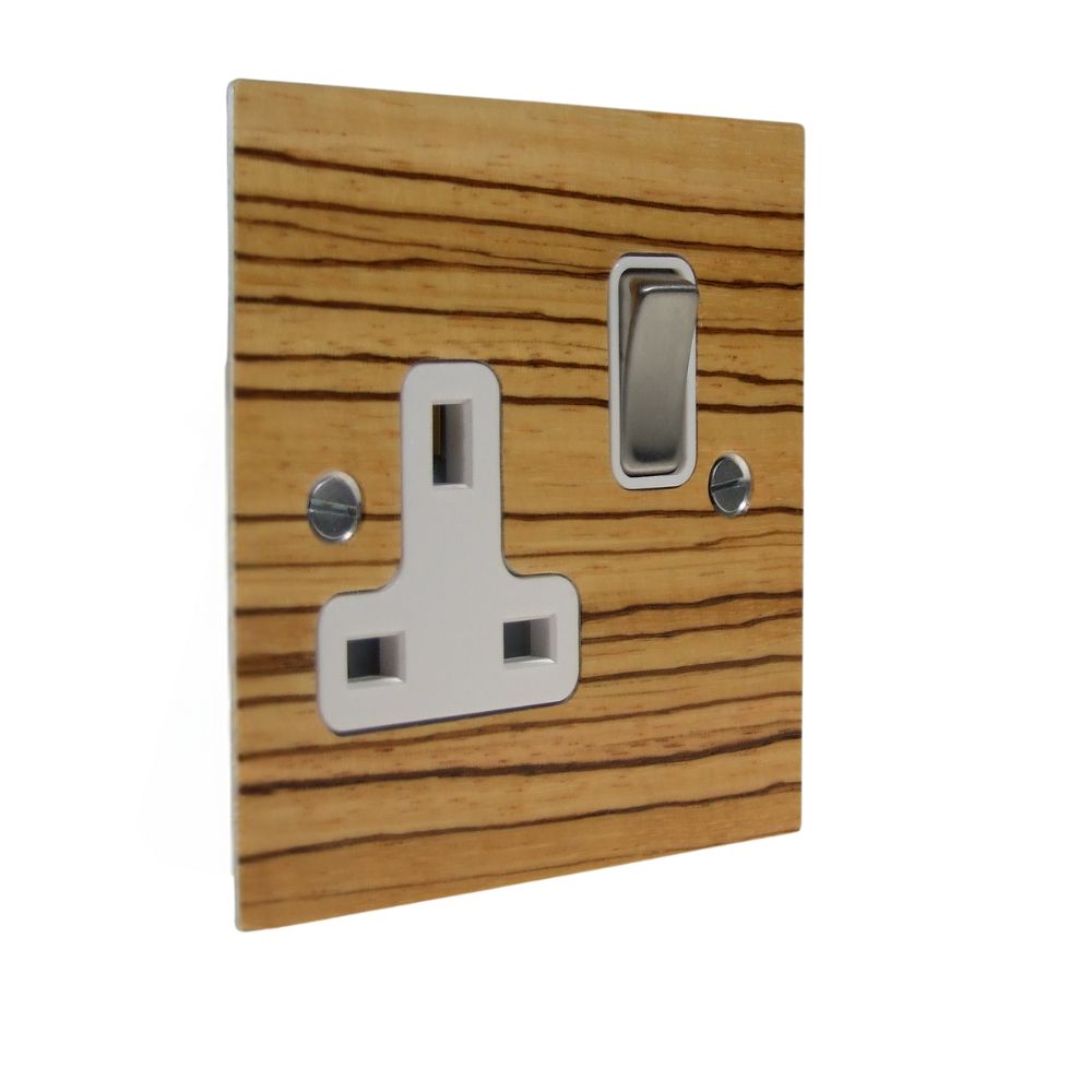 Zebranno Veneer Single Switched Socket Satin Stainless and White
