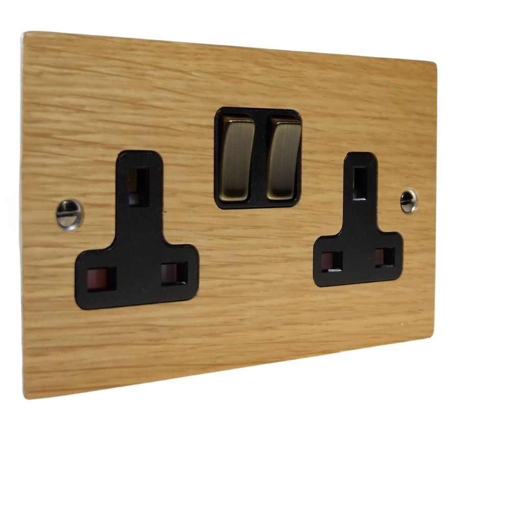 Oak Veneer Double Switched Socket Antique Brass and Black