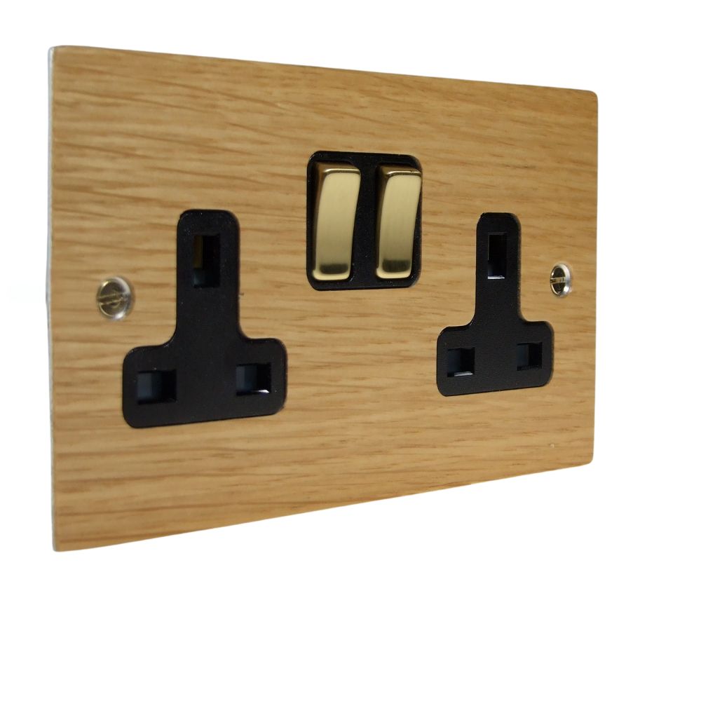 Oak Veneer Double Switched Socket Polished Brass and Black