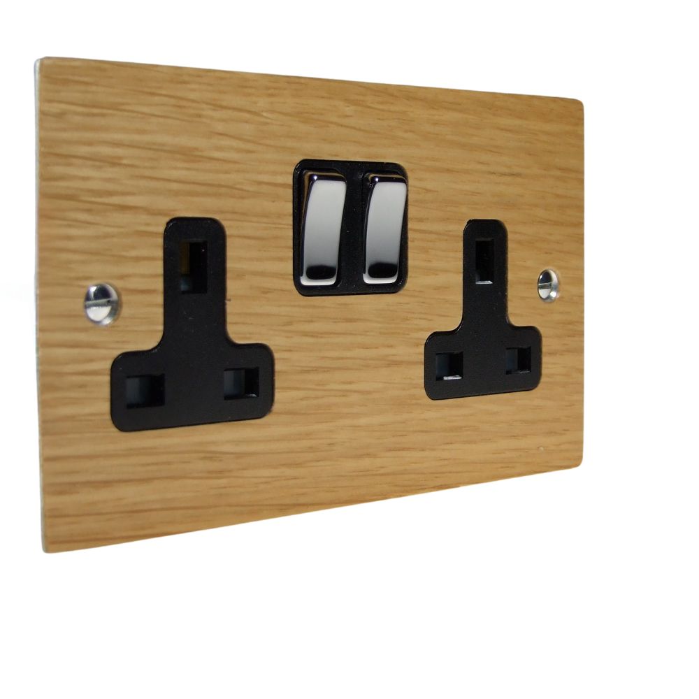 Oak Veneer Double Switched Socket Polished Chrome and Black