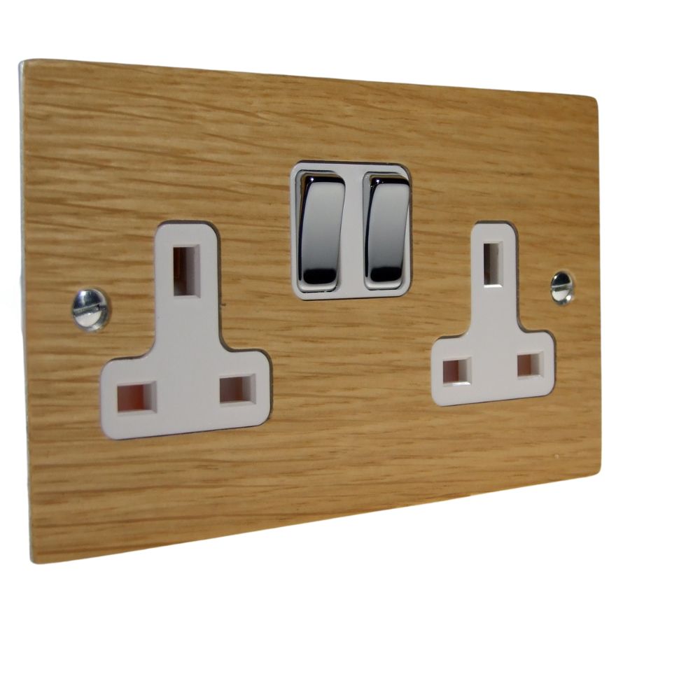 Oak Veneer Double Switched Socket Polished Chrome and White