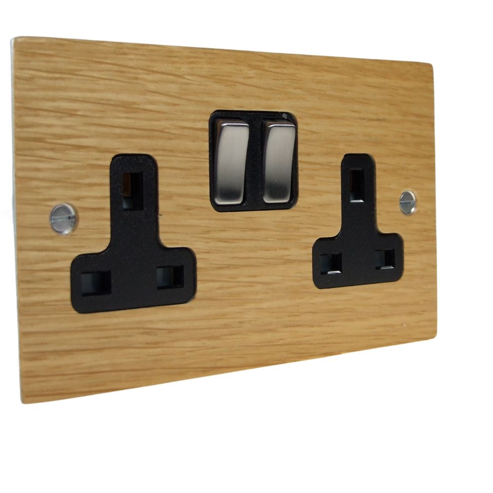 Oak Veneer Double Switched Socket Satin Stainless and Black