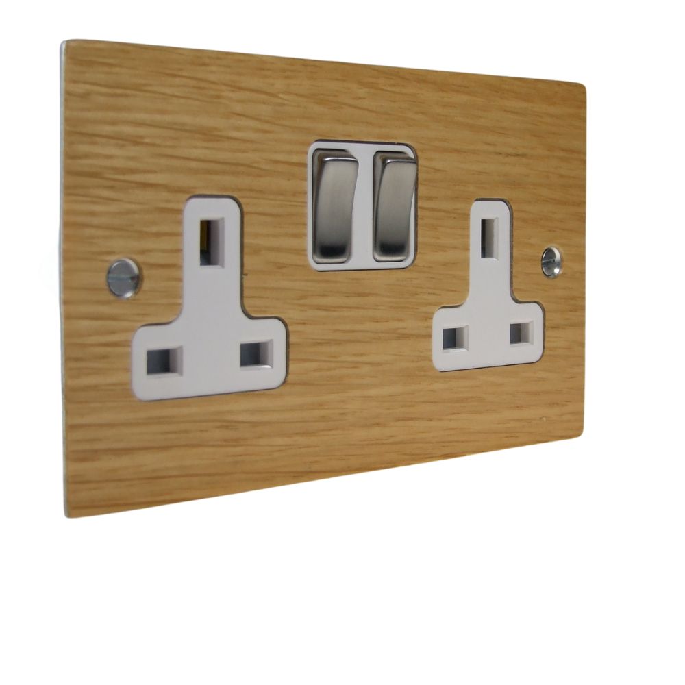 Oak Veneer Double Switched Socket Satin Stainless and White