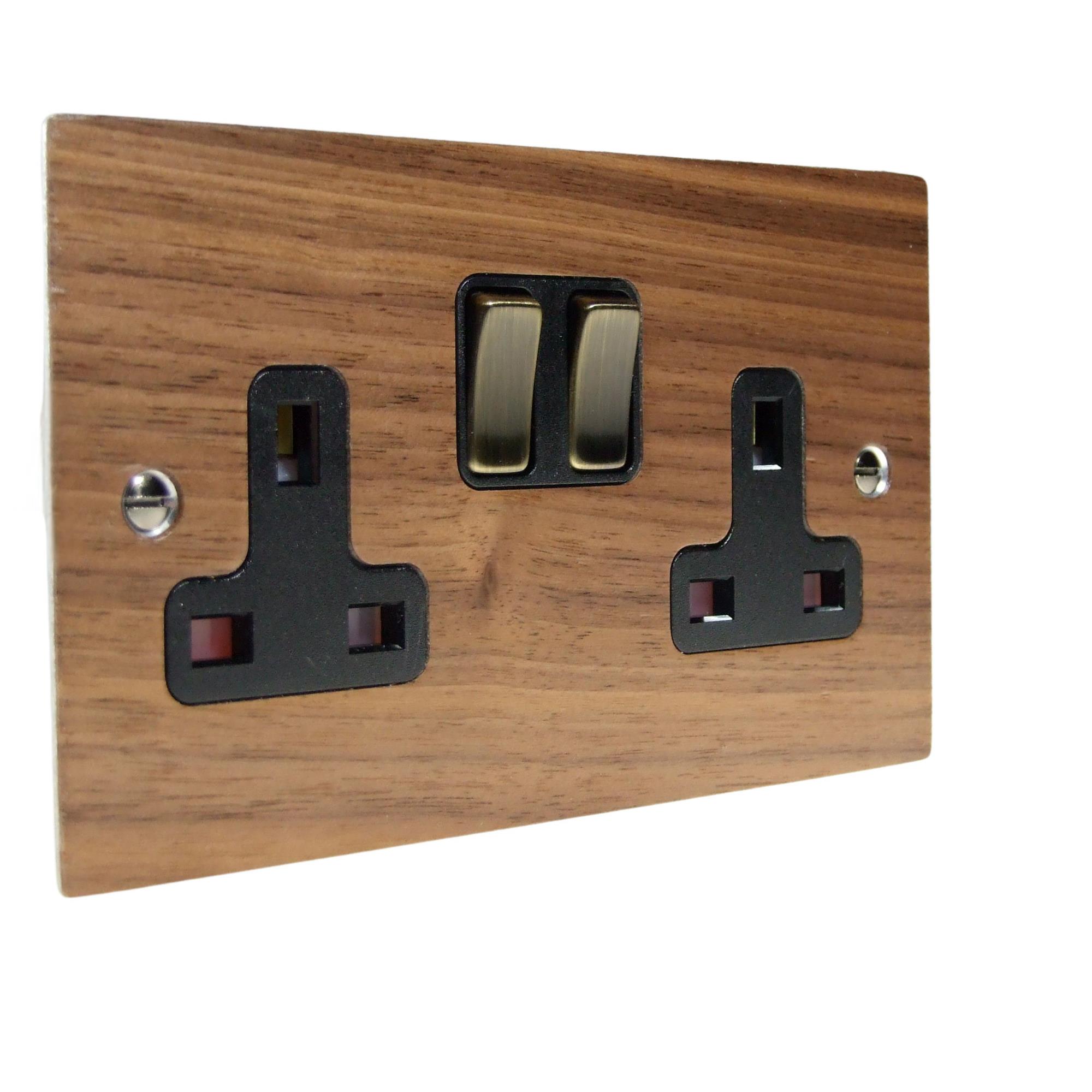 Walnut Veneer Double Switched Socket Antique Brass and Black
