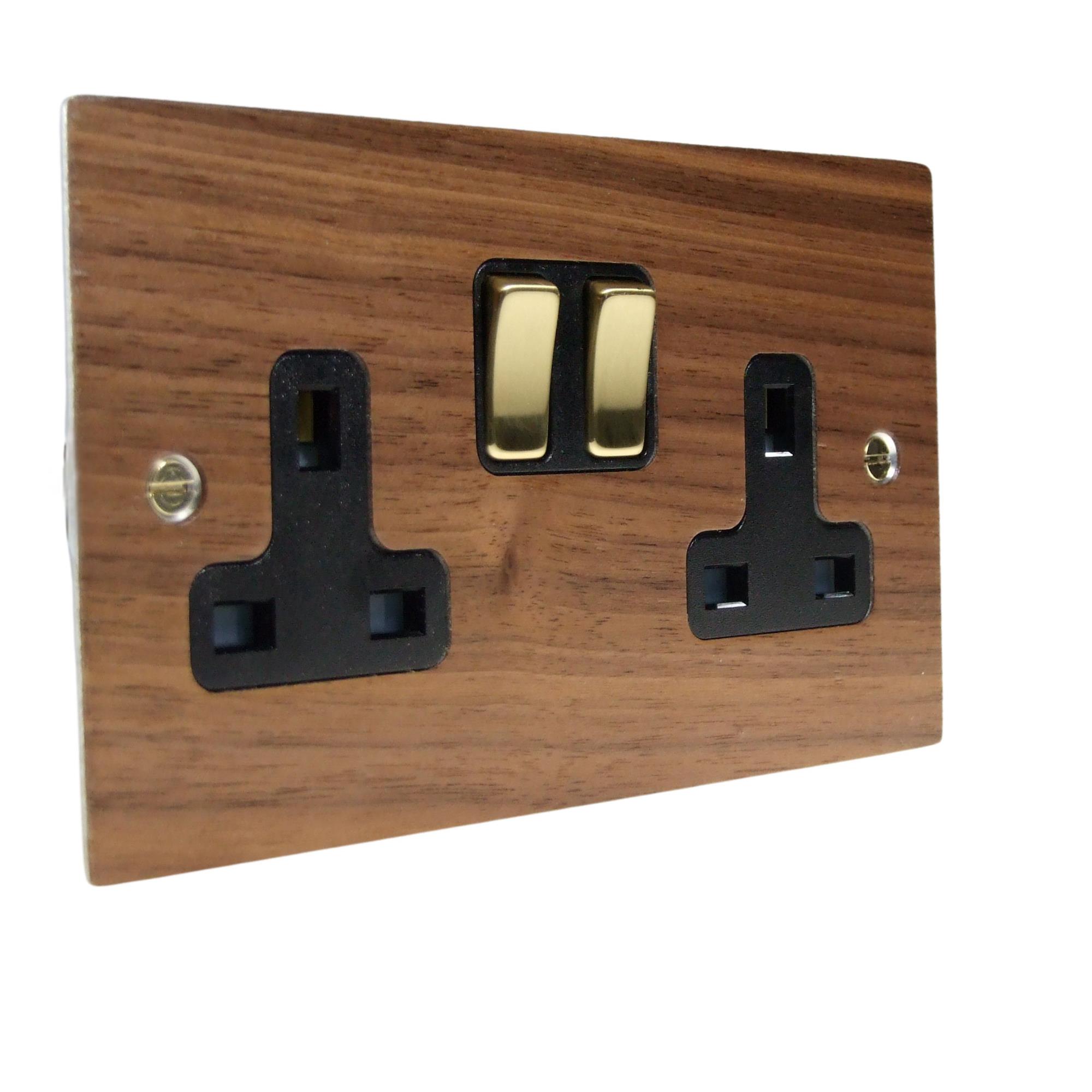 Walnut Veneer Double Switched Socket Polished Brass and Black