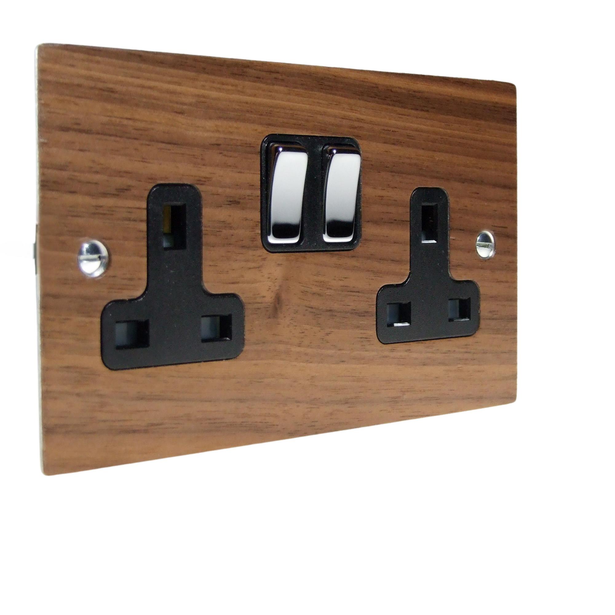 Walnut Veneer Double Switched Socket Polished Chrome and Black