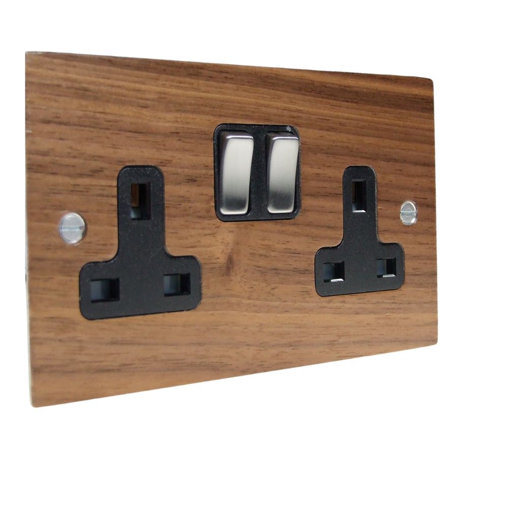 Walnut Veneer Double Switched Socket Satin Stainless and Black