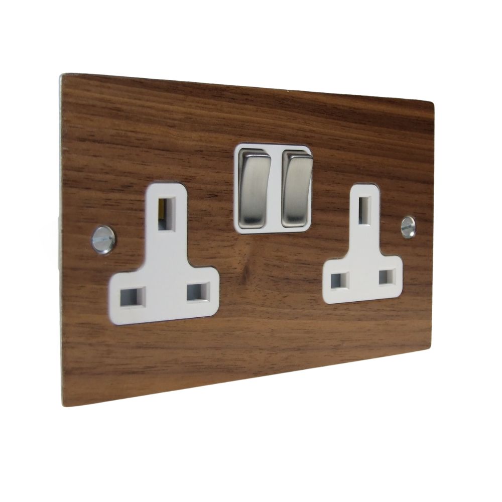 Walnut Veneer Double Switched Socket Satin Stainless and White