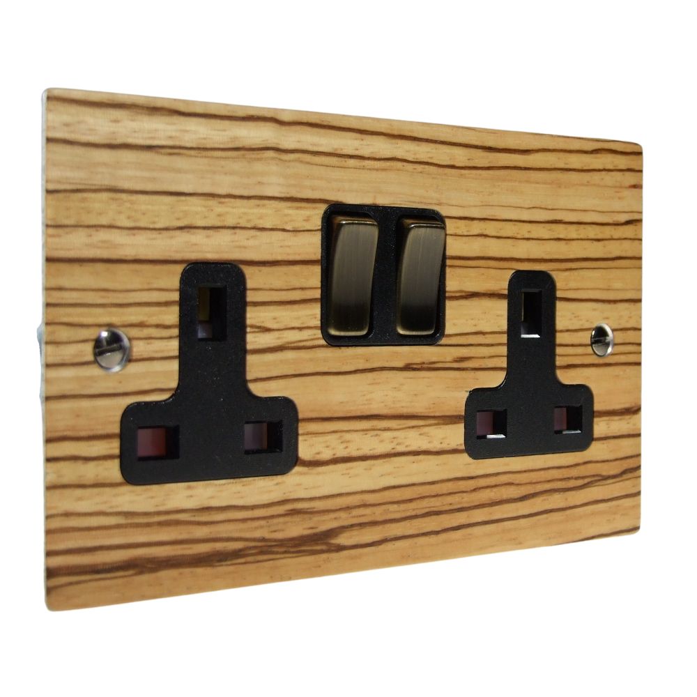 Zebranno Veneer Double Switched Socket Antique Brass and Black