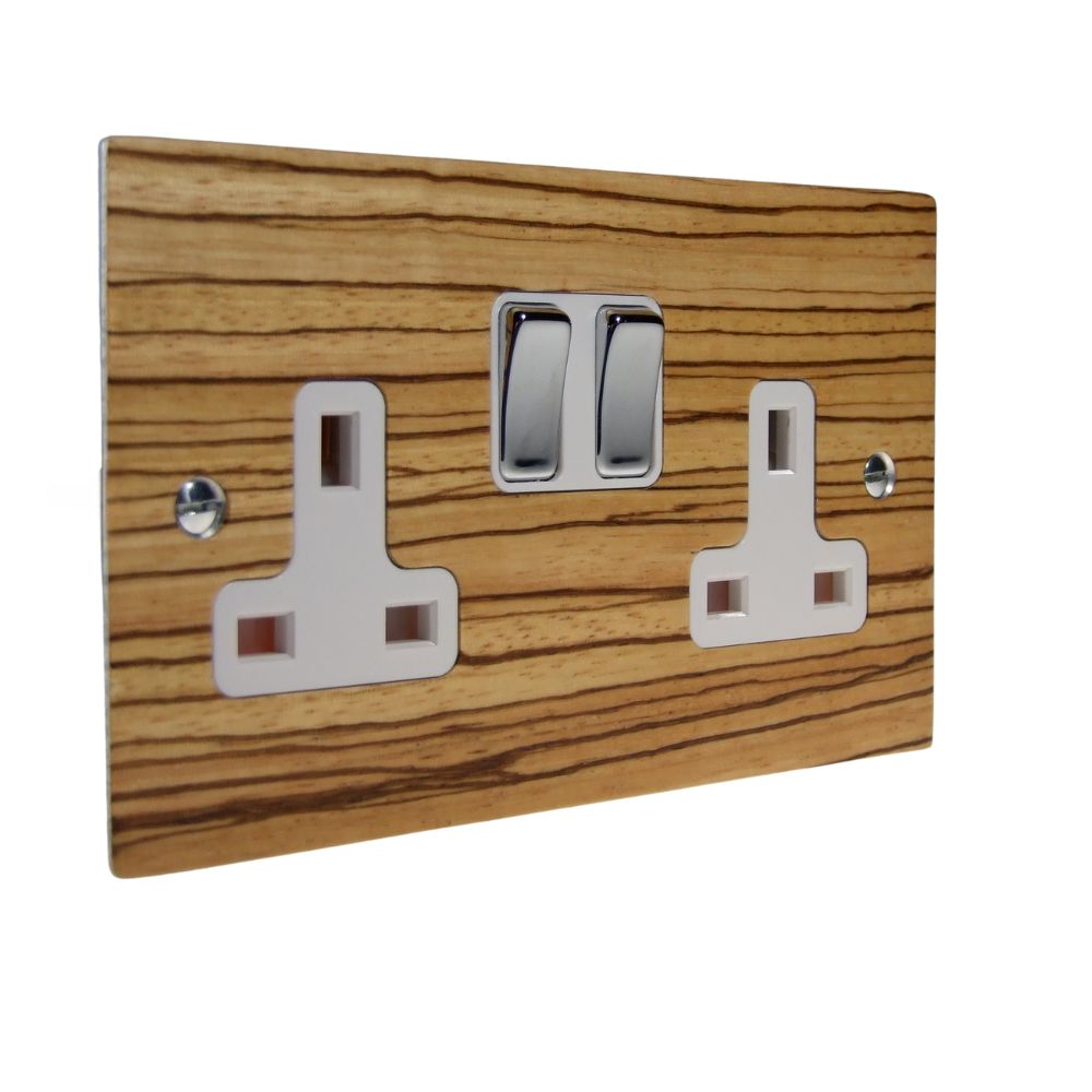 Zebranno Veneer Double Switched Socket Polished Chrome and White