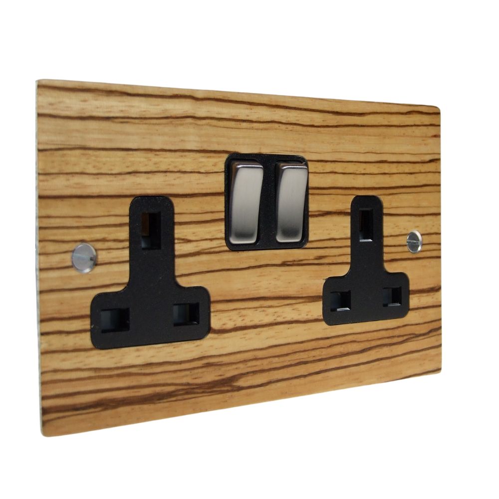 Zebranno Veneer Double Switched Socket Satin Stainless and Black