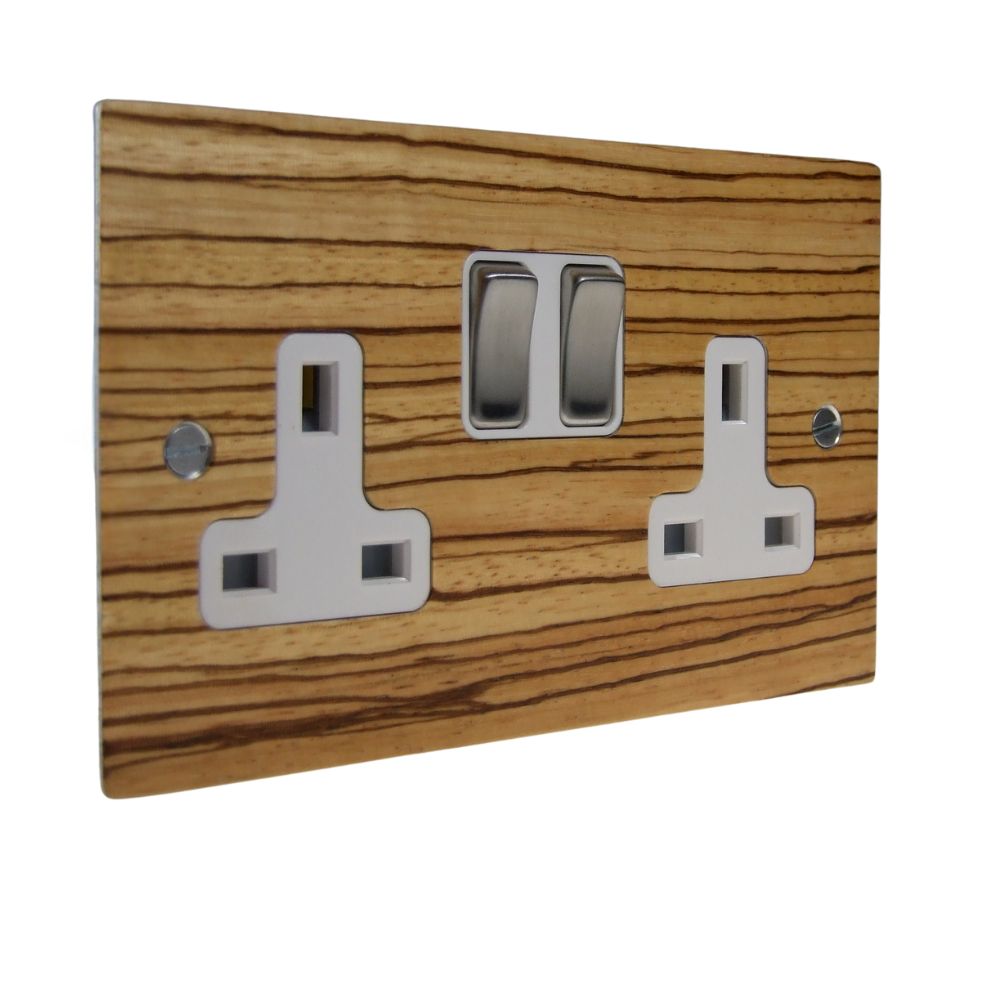Zebranno Veneer Double Switched Socket Satin Stainless and White