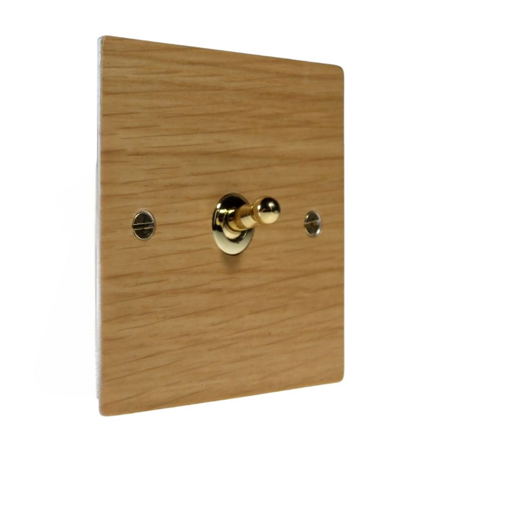 Oak Veneer Single Intermediate Light Switch Polished Brass Toggle