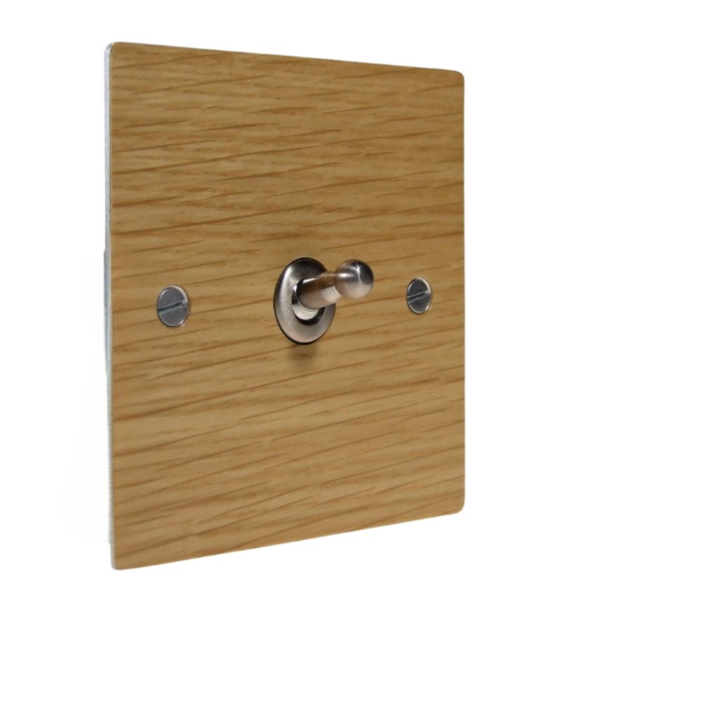 Oak Veneer Single Intermediate Light Switch Satin Stainless Toggle