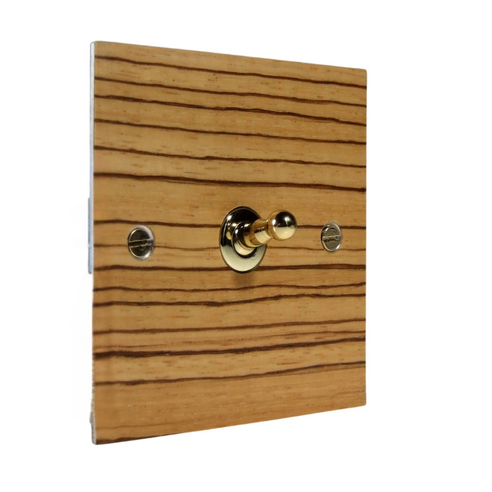 Metal Flat Plate 1-Gang Intermediate(3way switching) Polished Brass Toggle Switch with Zebrano Veneer