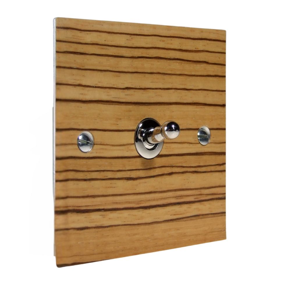 Metal Flat Plate 1-Gang Intermediate(3way switching) Polished Stainless Toggle Switch with Zebrano Veneer