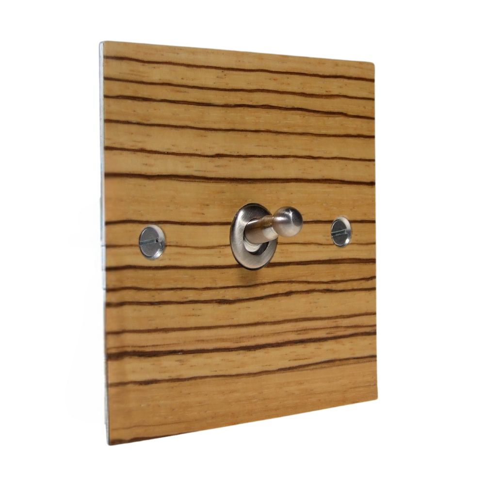 Metal Flat Plate 1-Gang Intermediate(3way switching) Satin Stainless Toggle Switch with Zebrano Veneer
