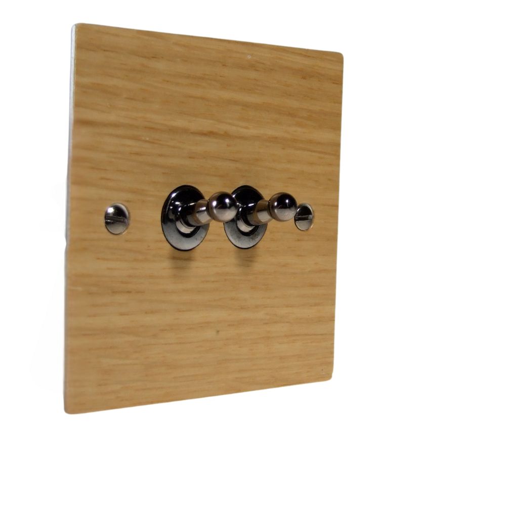 Oak Veneer Double Light Switch Black Nickel Toggle