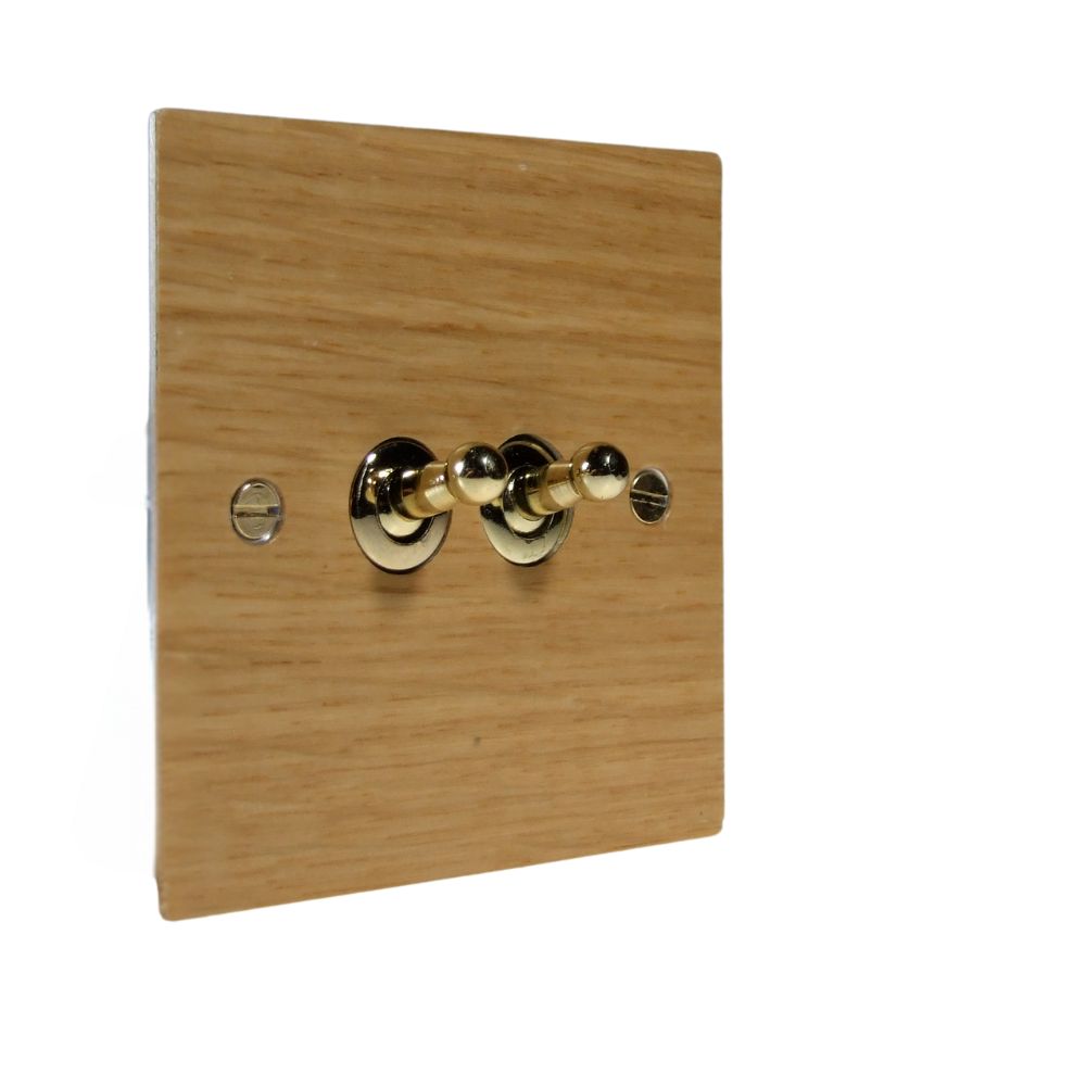 Oak Veneer Double Light Switch Polished Brass Toggle