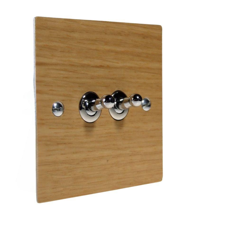 Oak Veneer Double Light Switch Polished Chrome Toggle