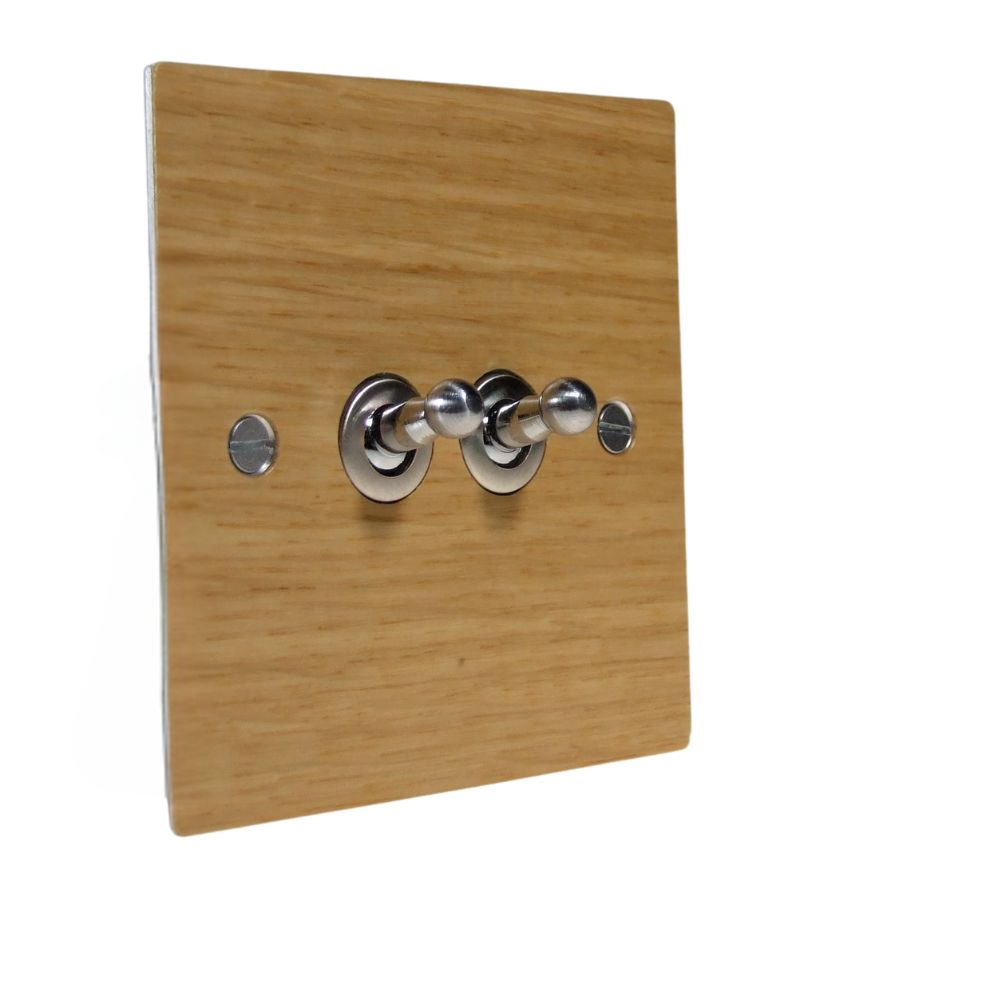 Oak Veneer Double Light Switch Satin Stainless Toggle
