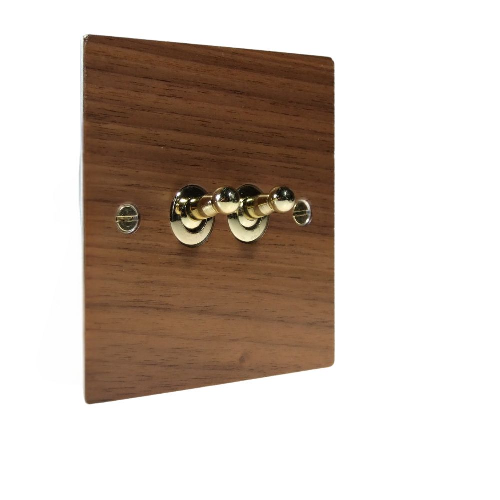 Walnut Veneer Double Intermediate Light Switch Polished Brass Toggle