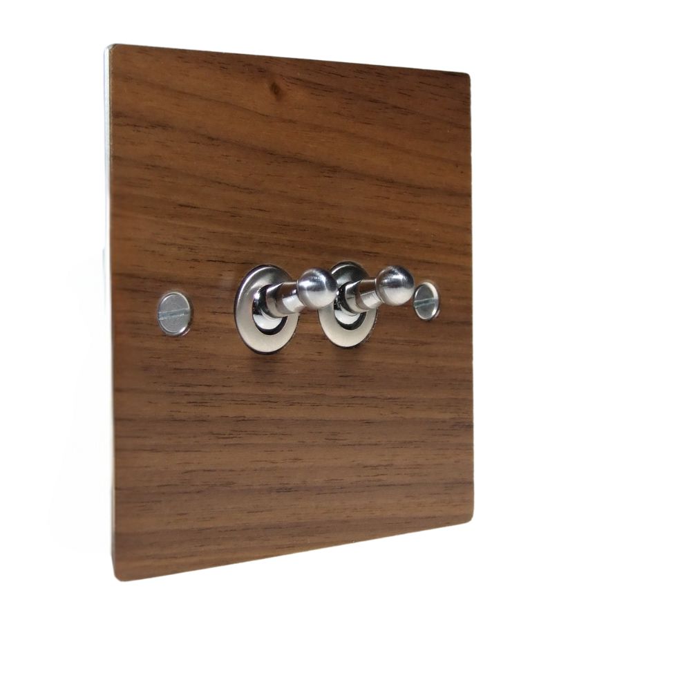 Walnut Veneer Double Light Switch Satin Stainless Toggle