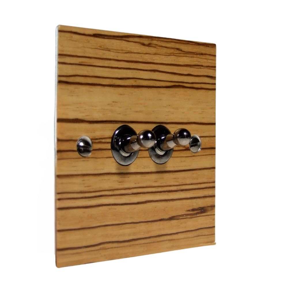 Metal Flat Plate 2-Gang Intermediate(3way switching) Black Nickel Toggle Switch with Zebrano Veneer