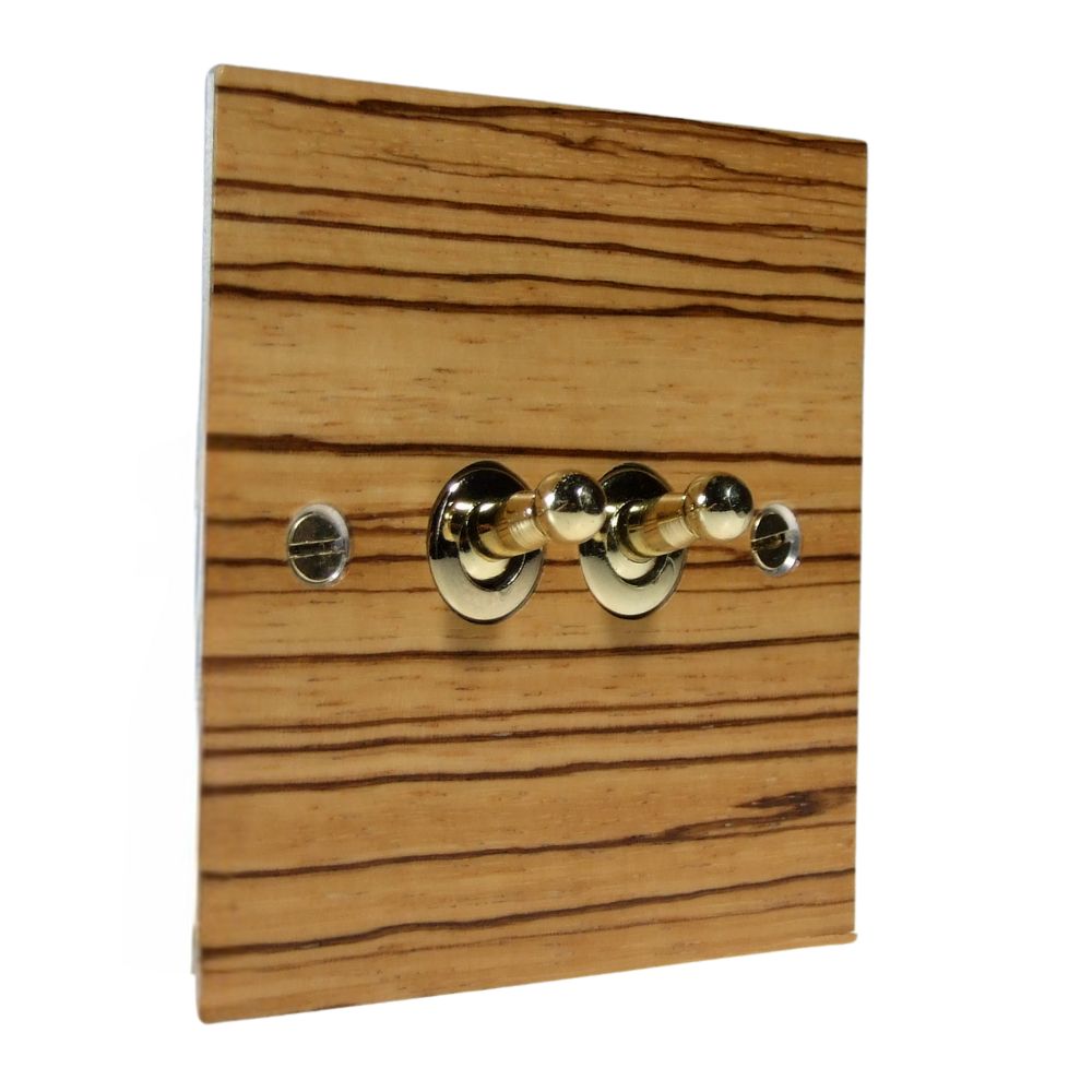 Metal Flat Plate 2-Gang Intermediate(3way switching) Polished Brass Toggle Switch with Zebrano Veneer