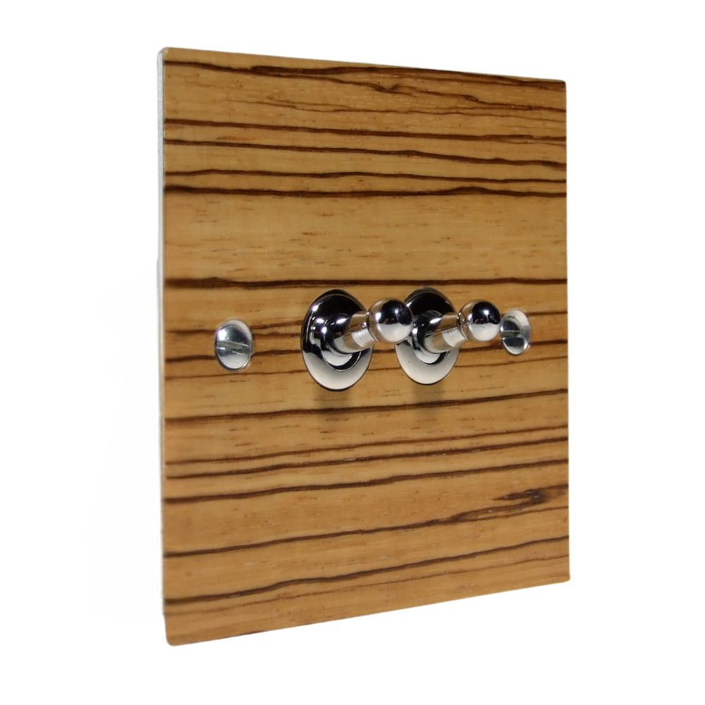 Metal Flat Plate 2-Gang Intermediate(3way switching) Polished Stainless Toggle Switch with Zebrano Veneer