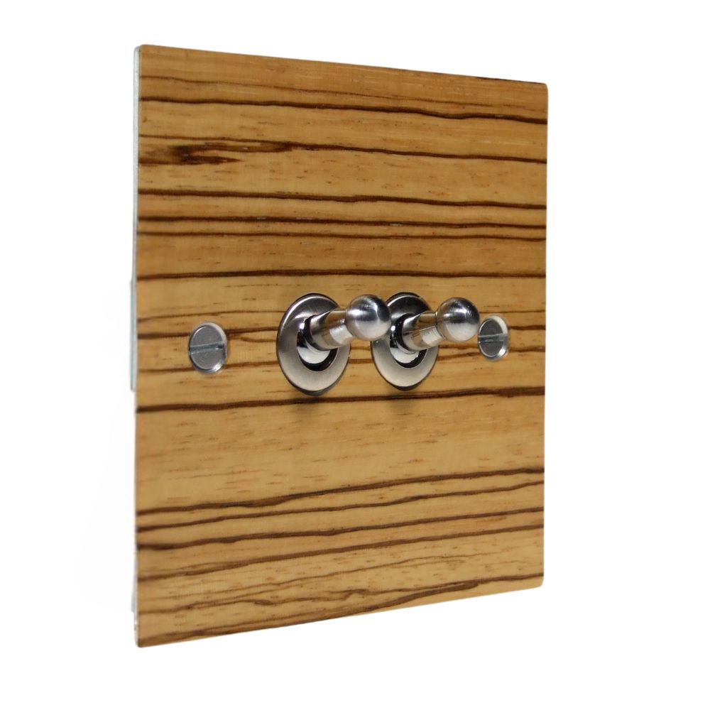 Metal Flat Plate 2-Gang Intermediate(3way switching) Satin Stainless Toggle Switch with Zebrano Veneer