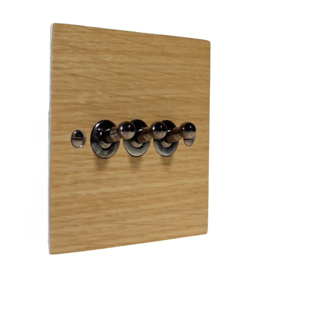 Oak Veneer Triple Light Switch Black Nickel Toggle