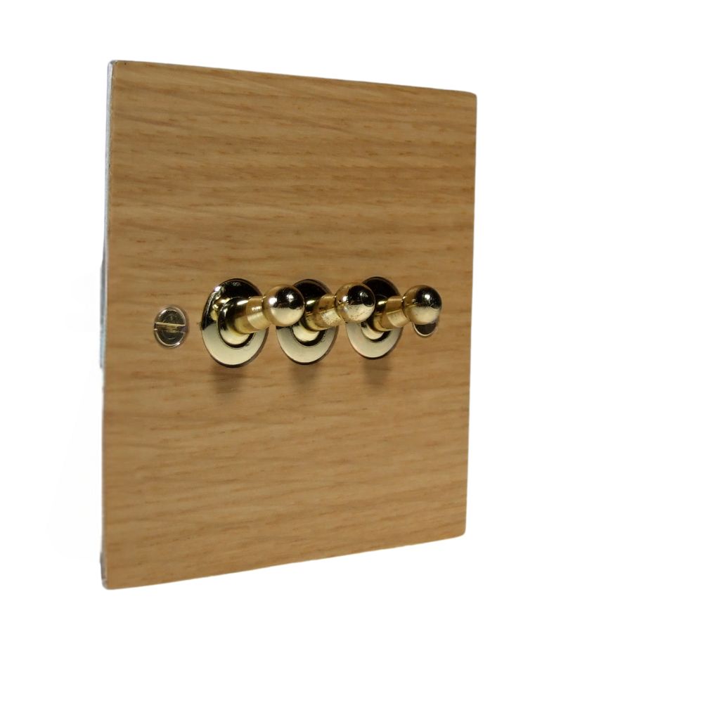 Oak Veneer Triple Light Switch Polished Brass Toggle