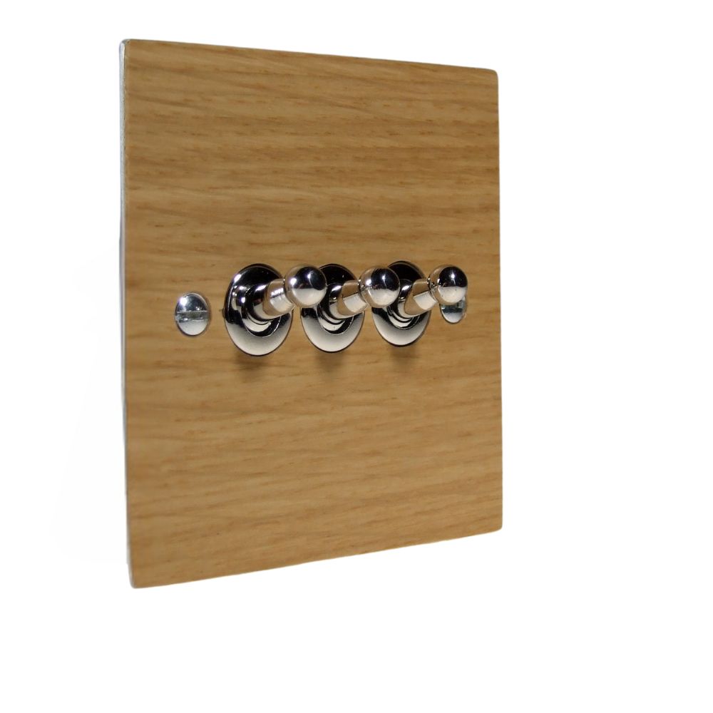 Oak Veneer Triple Light Switch Polished Chrome Toggle
