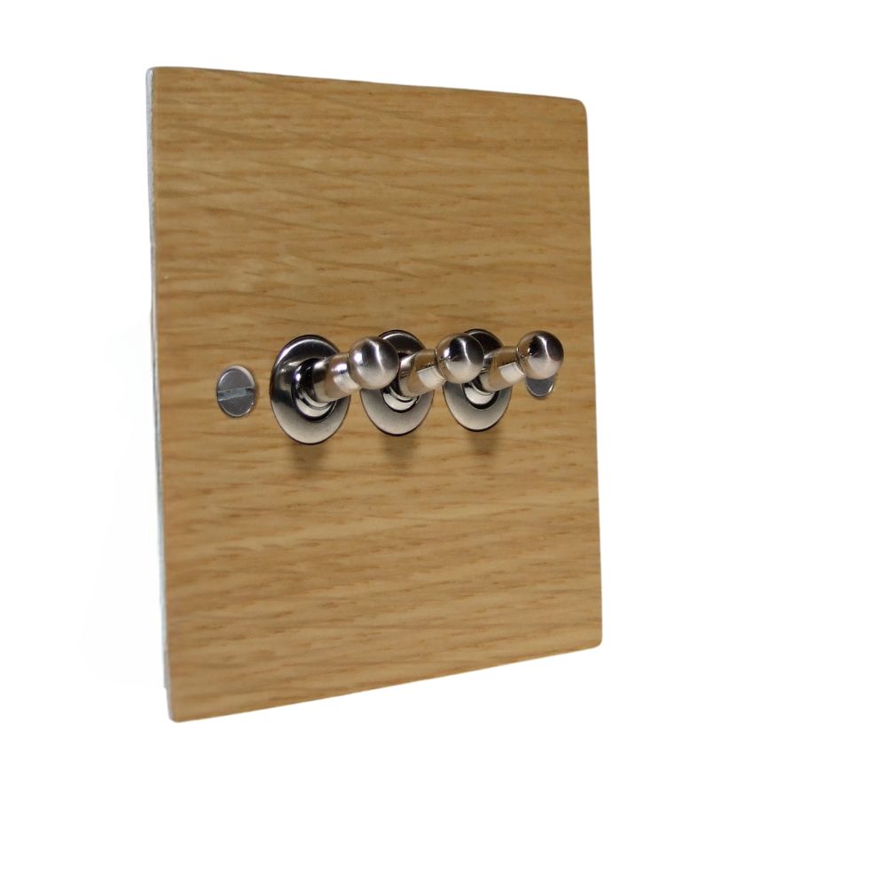 Oak Veneer Triple Light Switch Satin Stainless Toggle