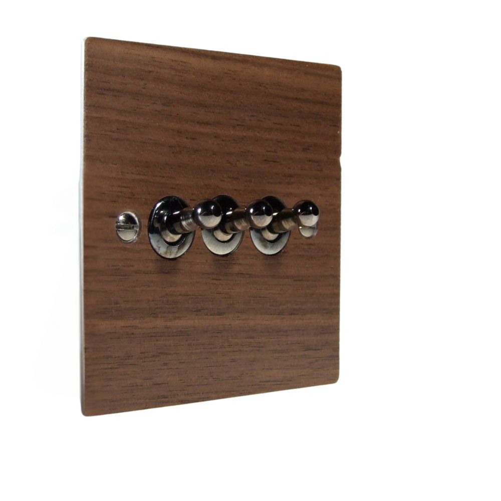Walnut Veneer Triple Light Switch Black Nickel Toggle