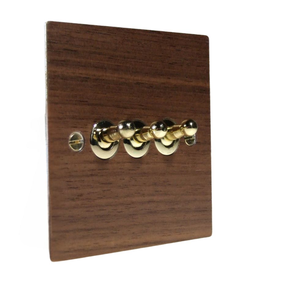 Walnut Veneer Triple Light Switch Polished Brass Toggle