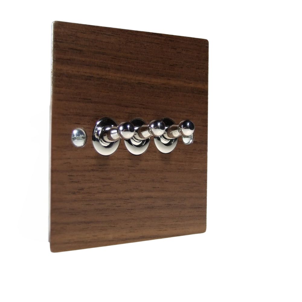 Walnut Veneer Triple Light Switch Polished Chrome Toggle