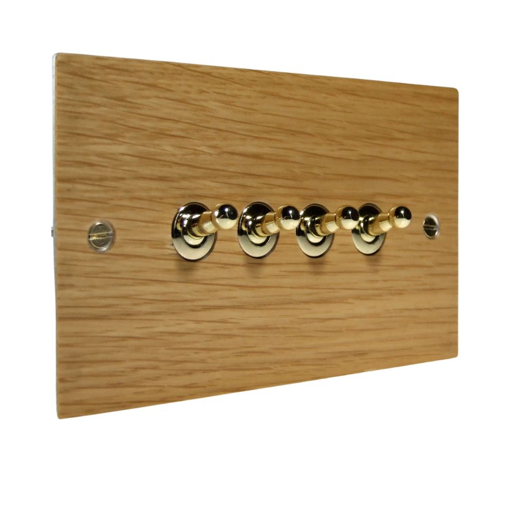 Oak Veneer 4 Switch Light Switch Polished Brass Toggle