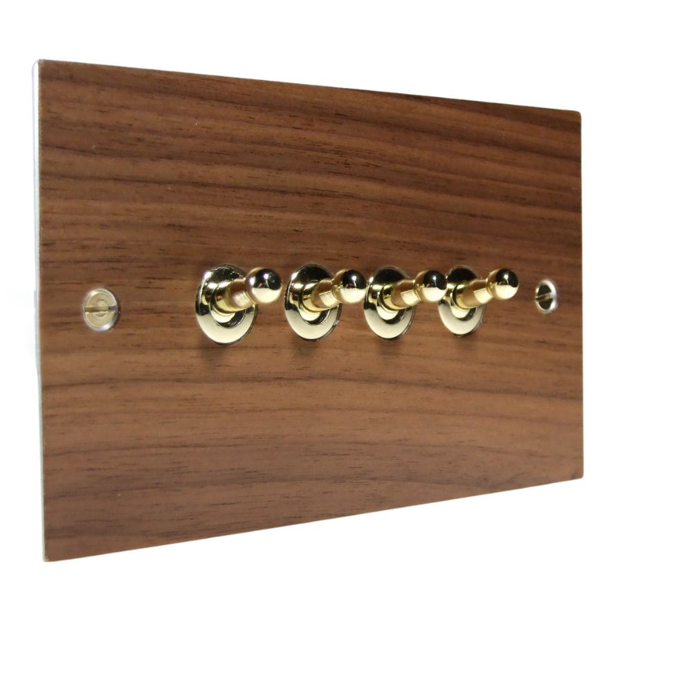 Walnut Veneer 4 Switch Light Switch Polished Brass Toggle