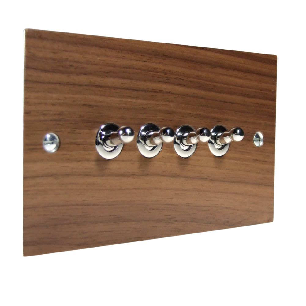 Walnut Veneer 4 Switch Light Switch Polished Chrome Toggle