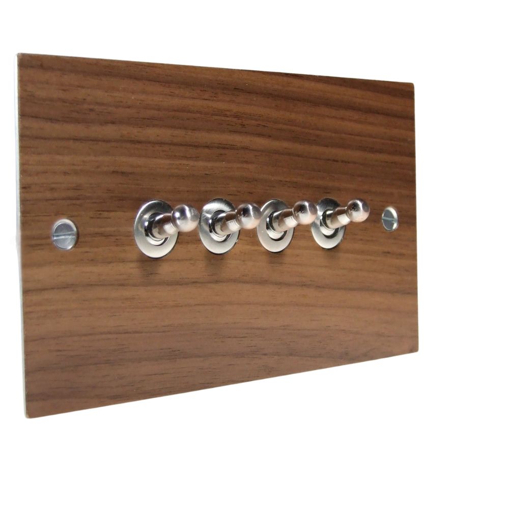 Walnut Veneer 4 Switch Light Switch Satin Stainless Toggle