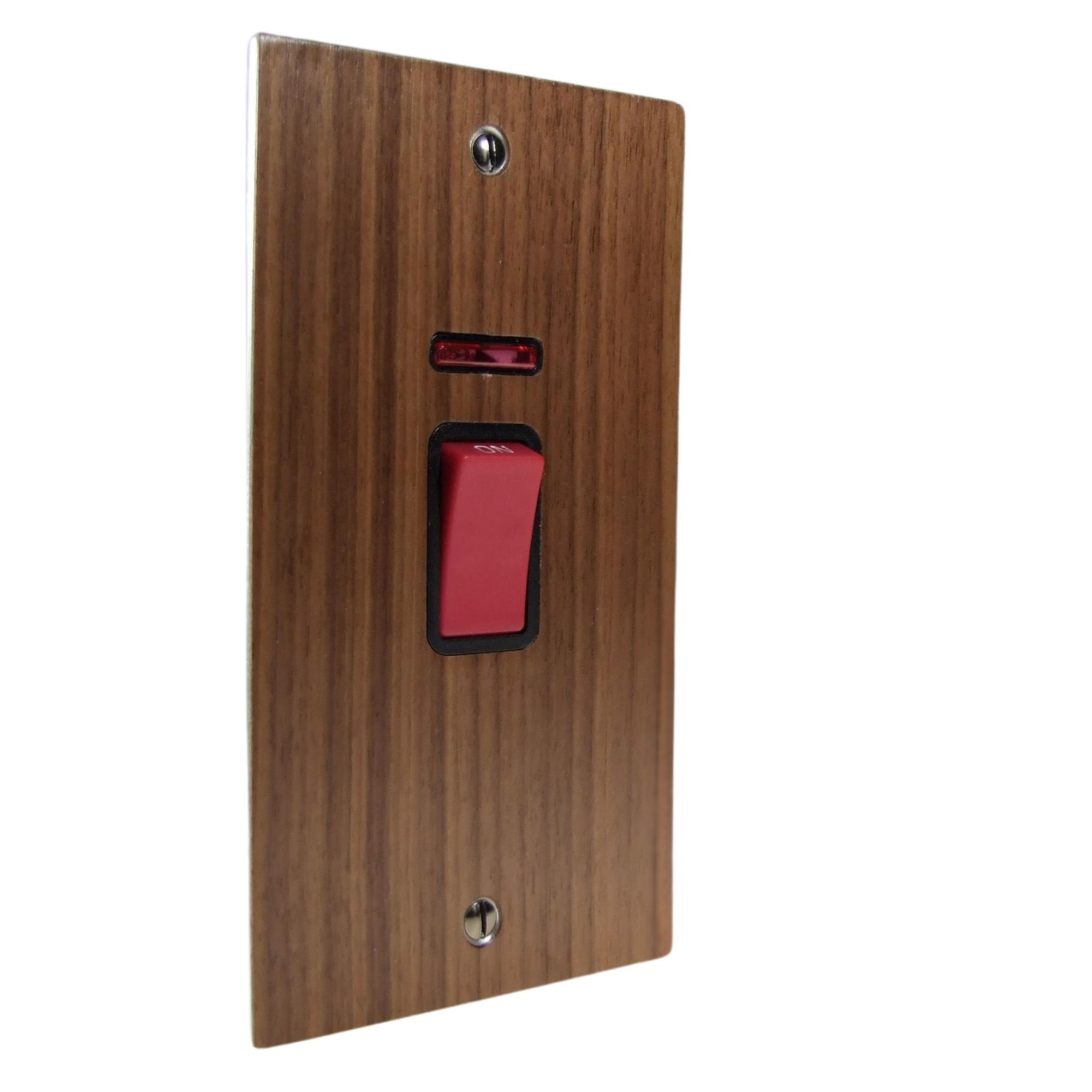 Walnut Veneer Double Pole Cooker Switch with Neon on a Vertical Twin Plate Black