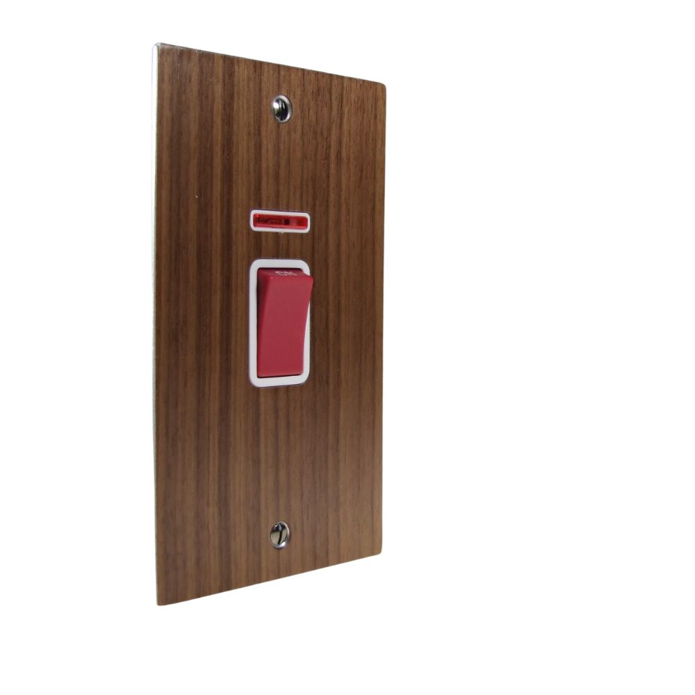 Walnut Veneer Double Pole Cooker Switch with Neon on a Vertical Twin Plate White
