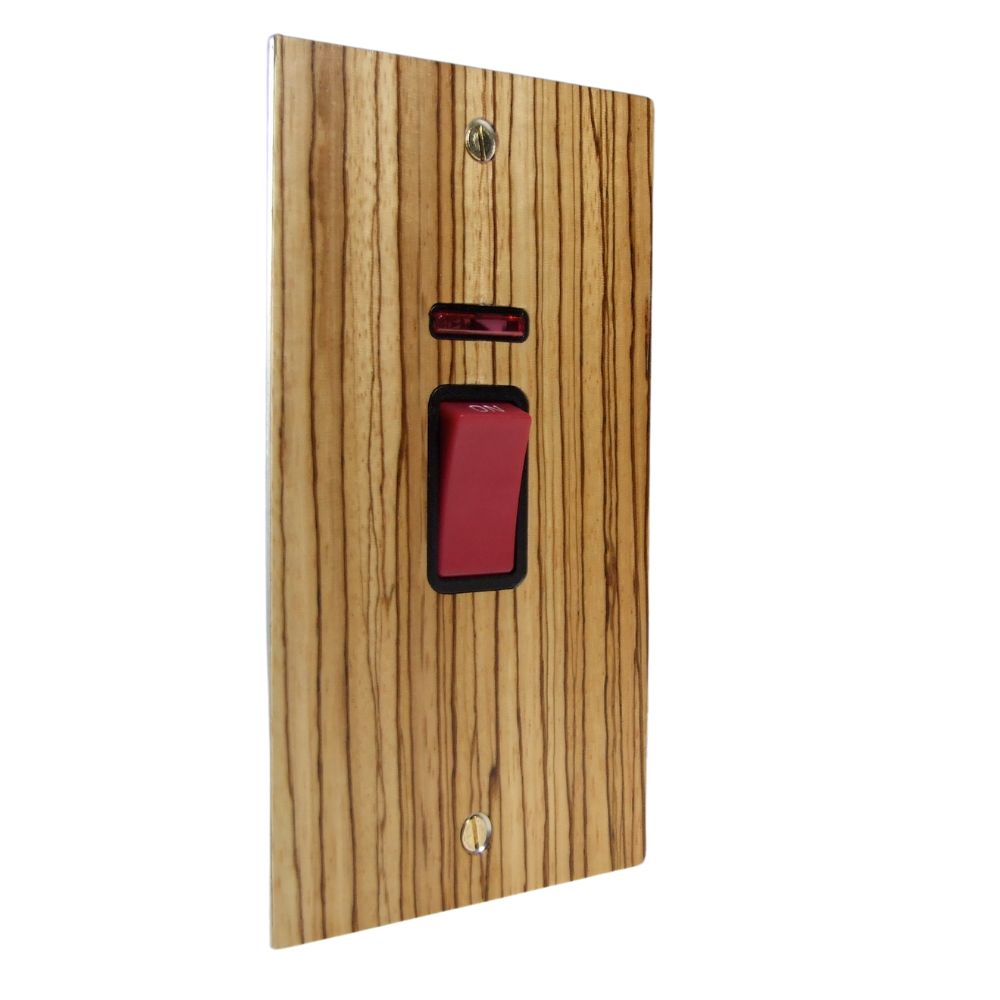 Zebranno Veneer Double Pole Cooker Switch with Neon on a Vertical Twin Plate Black