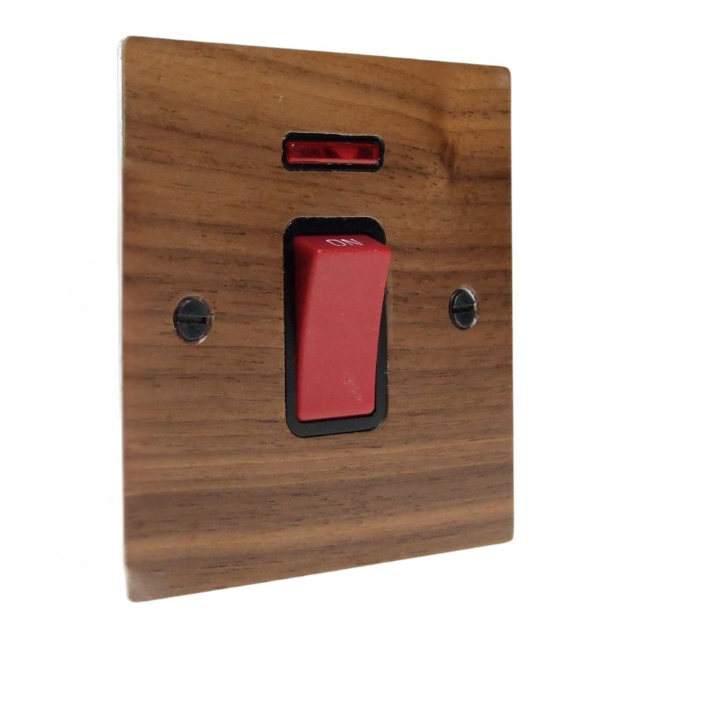 Walnut Veneer Double Pole Cooker Switch on a Single Plate Black